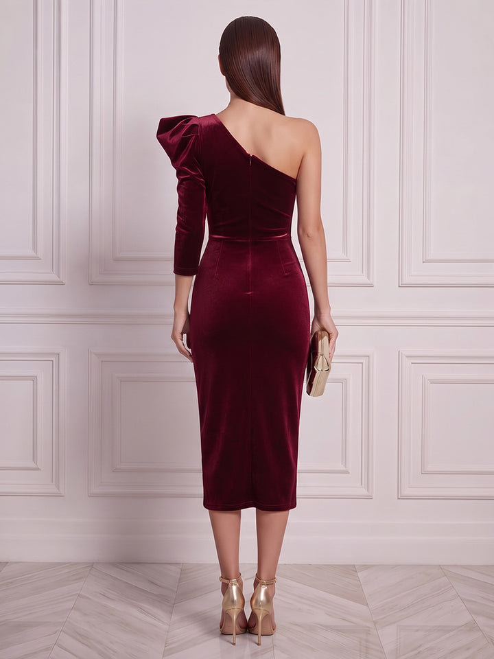 Sheath/Column One-Shoulder 3/4 Sleeves Velvet Tea-Length Cocktail Dress with Ruched