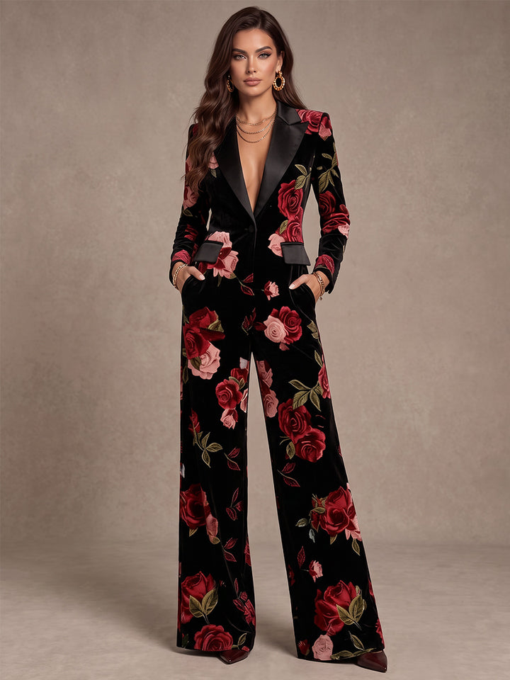 Jumpsuits Shirt Collar Long Sleeves Satin Floor-Length Cocktail Dress with Floral