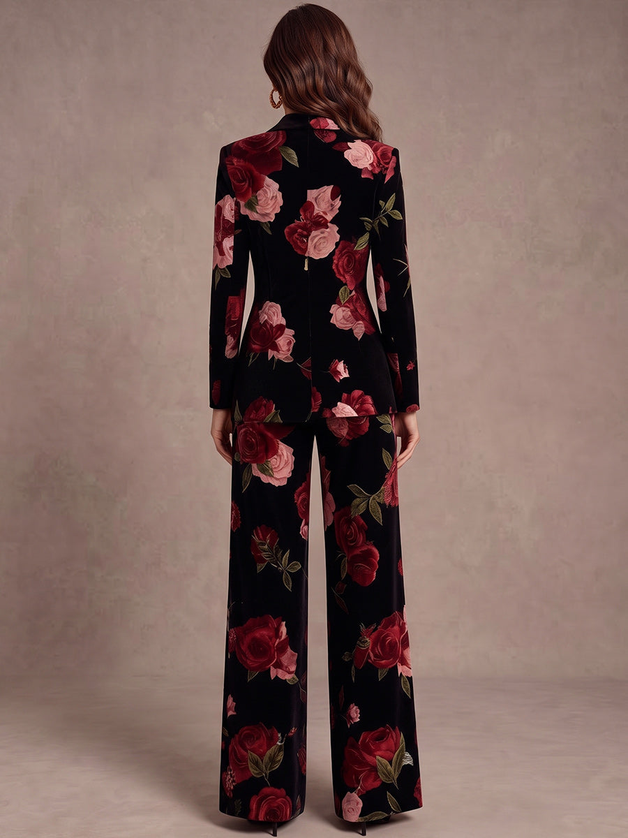 Jumpsuits Shirt Collar Long Sleeves Satin Floor-Length Cocktail Dress with Floral