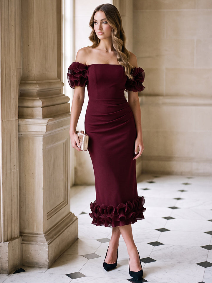 Sheath/Column Off-the-Shoulder Sleeveless Satin Tea-Length Cocktail Dress with Ruffles
