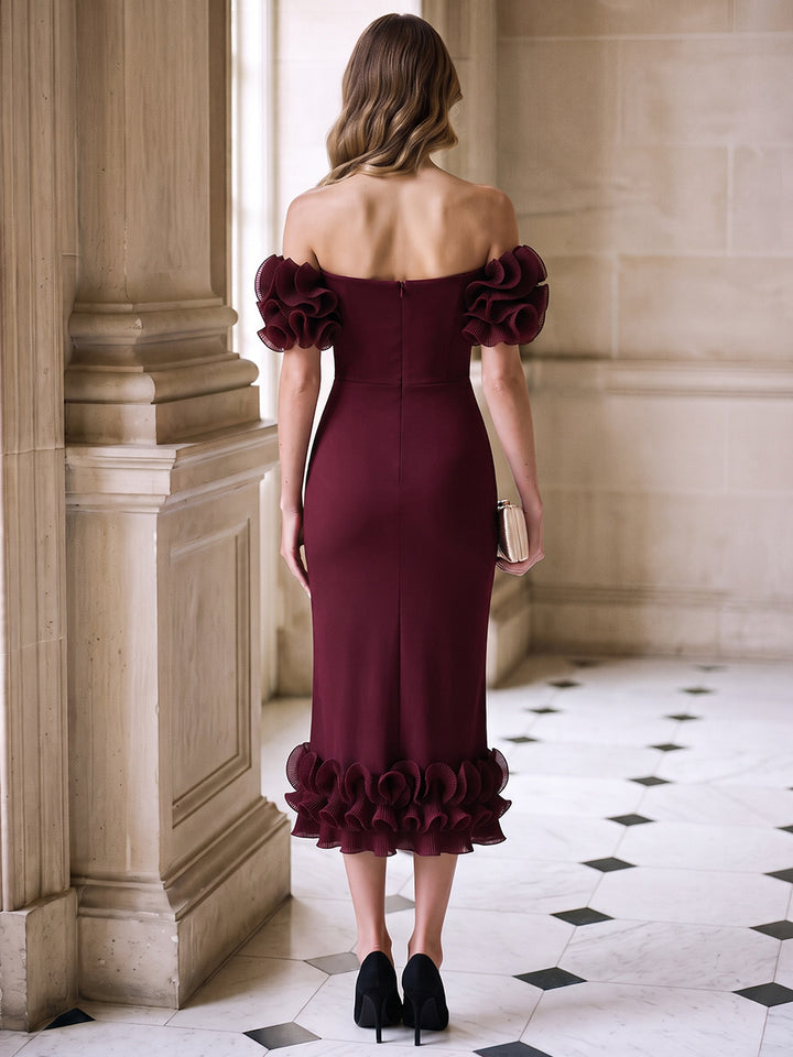 Sheath/Column Off-the-Shoulder Sleeveless Satin Tea-Length Cocktail Dress with Ruffles