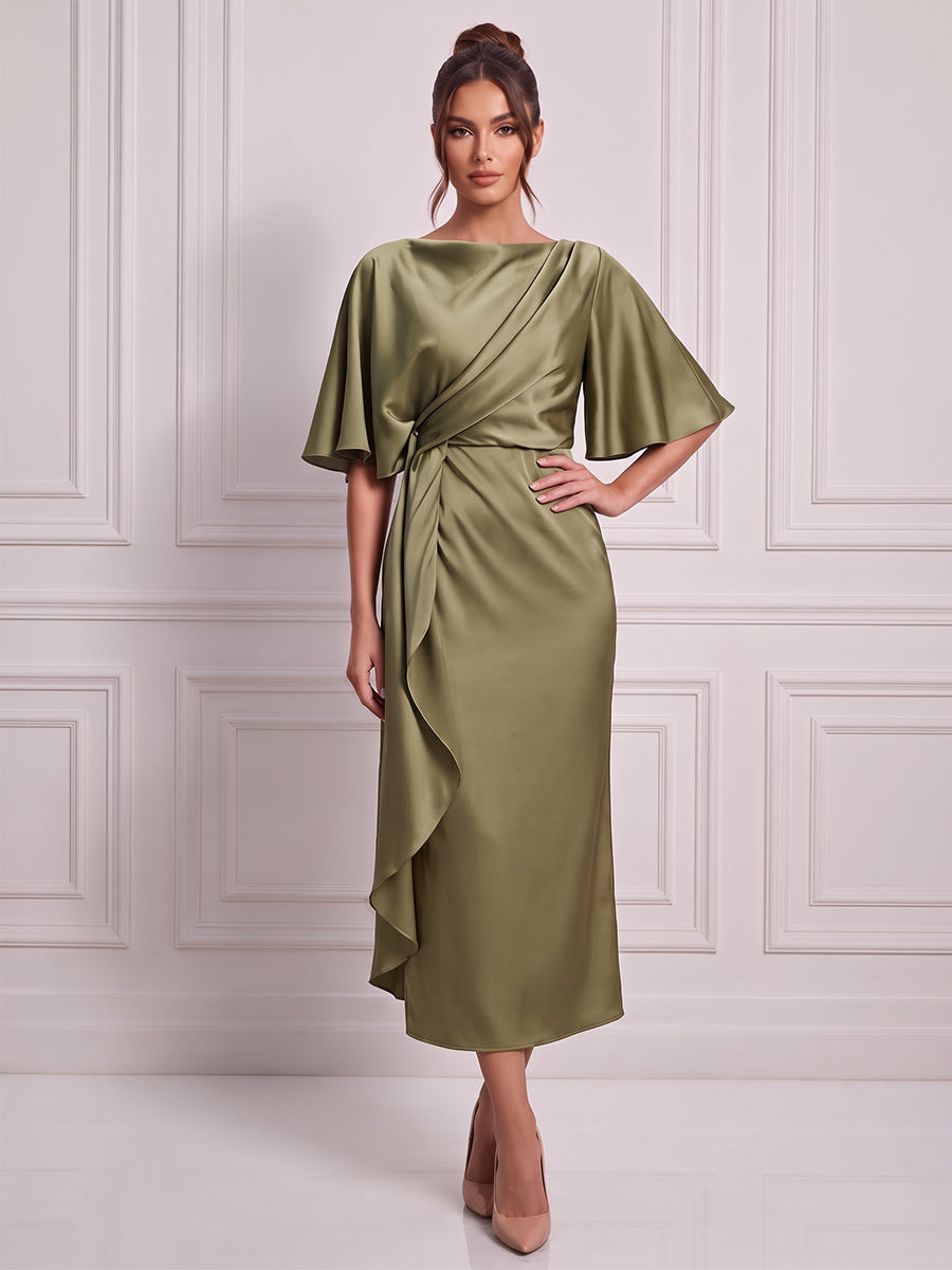 Sheath/Column Boat Neck Short Sleeves Silk Satin Tea-Length Cocktail Dress with Ruffles