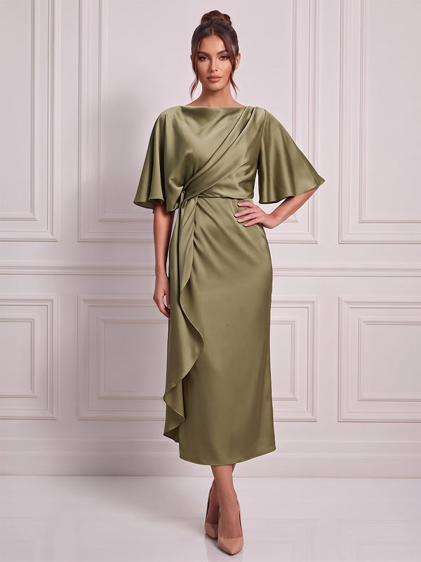 Sheath/Column Boat Neck Short Sleeves Silk Satin Tea-Length Cocktail Dress with Ruffles
