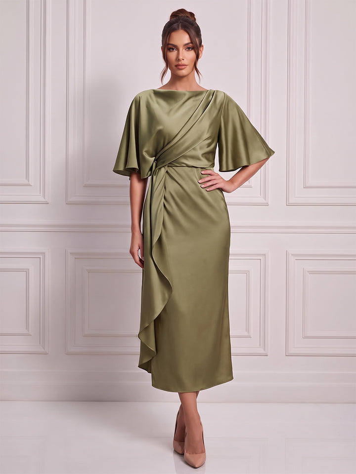 Sheath/Column Boat Neck Short Sleeves Silk Satin Tea-Length Cocktail Dress with Ruffles