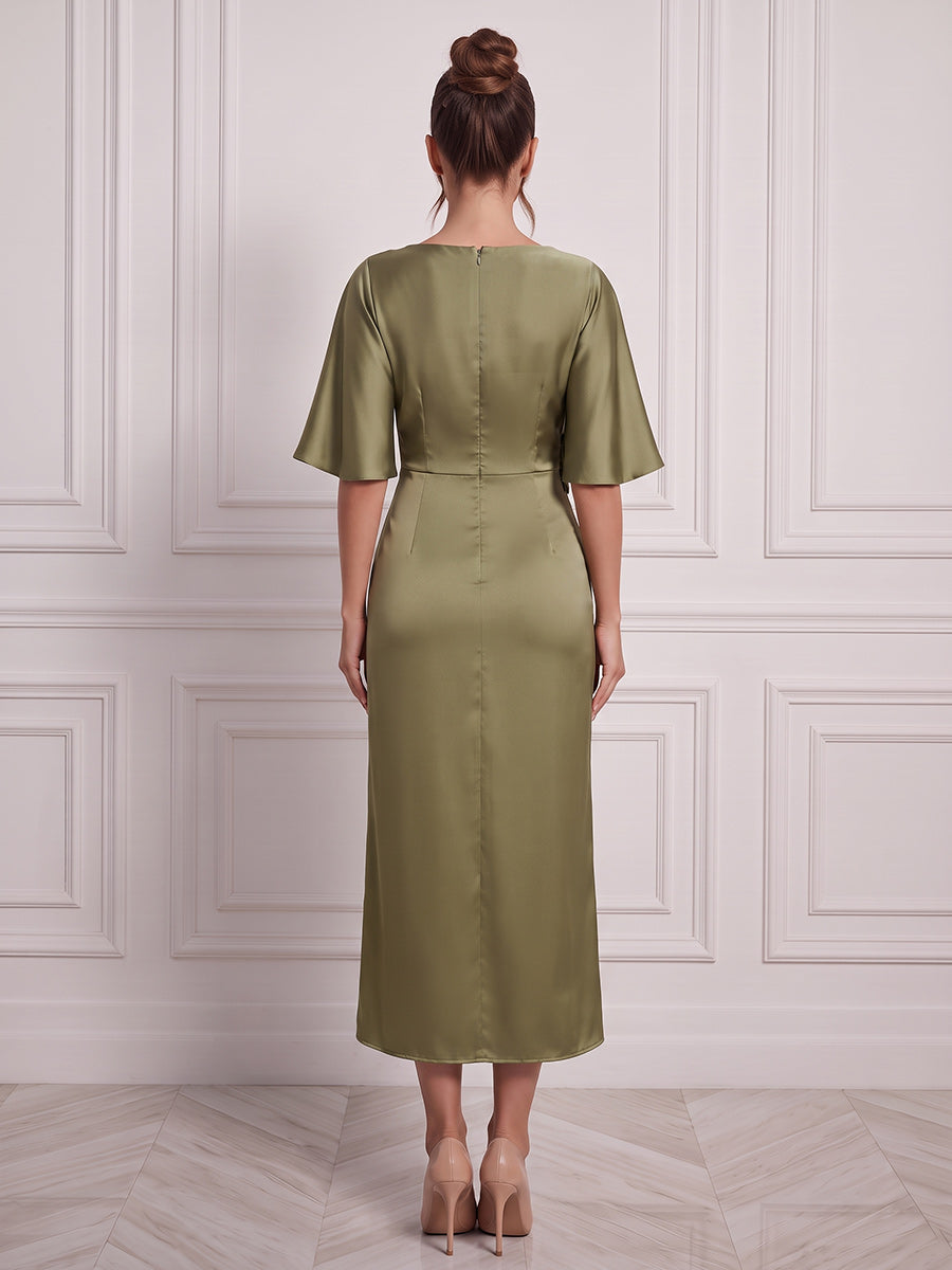 Sheath/Column Boat Neck Short Sleeves Silk Satin Tea-Length Cocktail Dress with Ruffles
