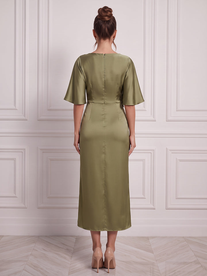 Sheath/Column Boat Neck Short Sleeves Silk Satin Tea-Length Cocktail Dress with Ruffles