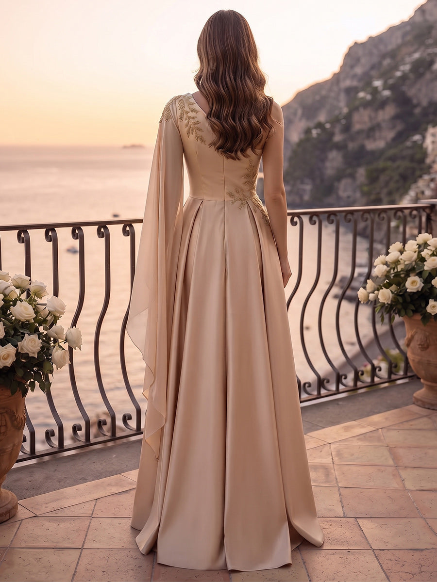 A-Line/Princess One-Shoulder Cap Sleeves Silk Satin Floor-Length Evening Dresses with Applique