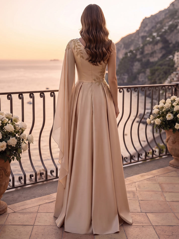 A-Line/Princess One-Shoulder Cap Sleeves Silk Satin Floor-Length Evening Dresses with Applique