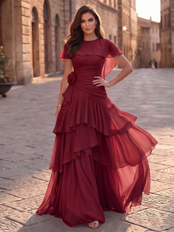 A-Line/Princess Scoop Cap Sleeves Chiffon Floor-Length Evening Dresses with 3D Flower&Ruffles