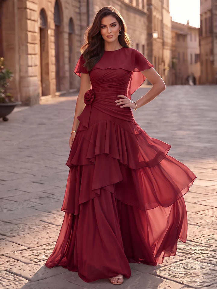 A-Line/Princess Scoop Cap Sleeves Chiffon Floor-Length Evening Dresses with 3D Flower&amp;Ruffles