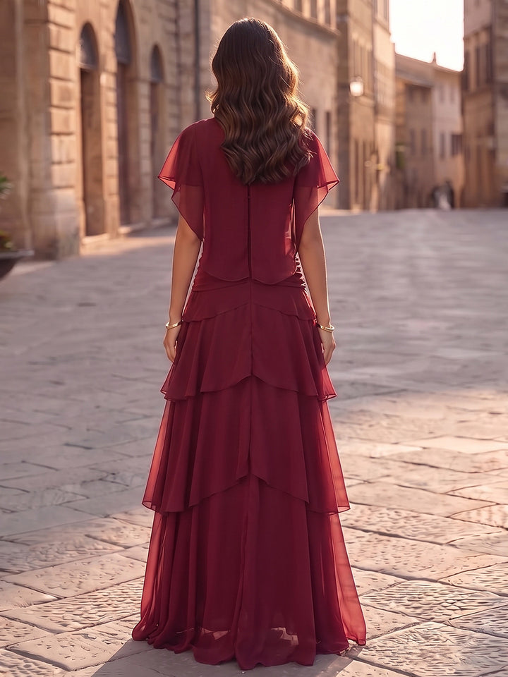 A-Line/Princess Scoop Cap Sleeves Chiffon Floor-Length Evening Dresses with 3D Flower&amp;Ruffles