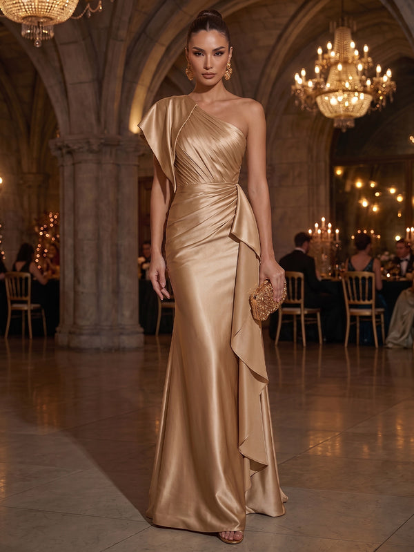 Sheath/Column One-Shoulder Cap Sleeves Satin Floor-Length Evening Dresses with Pleats&Ruffles