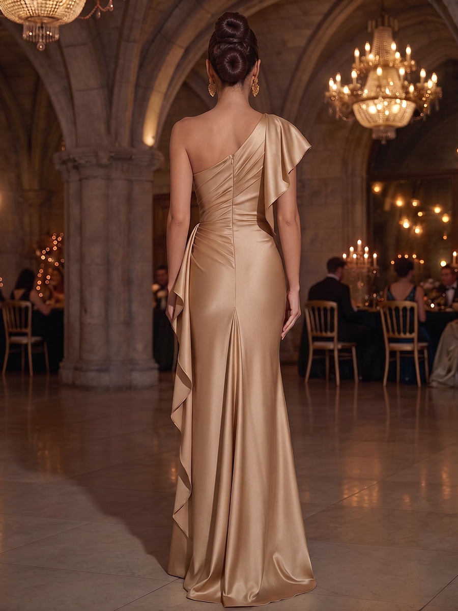 Sheath/Column One-Shoulder Cap Sleeves Satin Floor-Length Evening Dresses with Pleats&amp;Ruffles