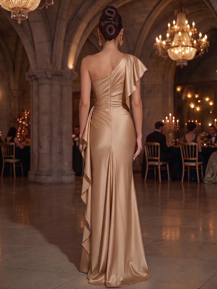 Sheath/Column One-Shoulder Cap Sleeves Satin Floor-Length Evening Dresses with Pleats&amp;Ruffles