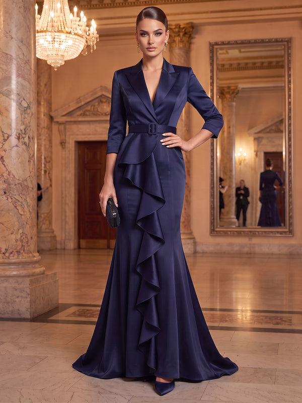A-Line/Princess V-Neck 3/4 Sleeves Satin Floor-Length Evening Dresses with Belt&Ruffles