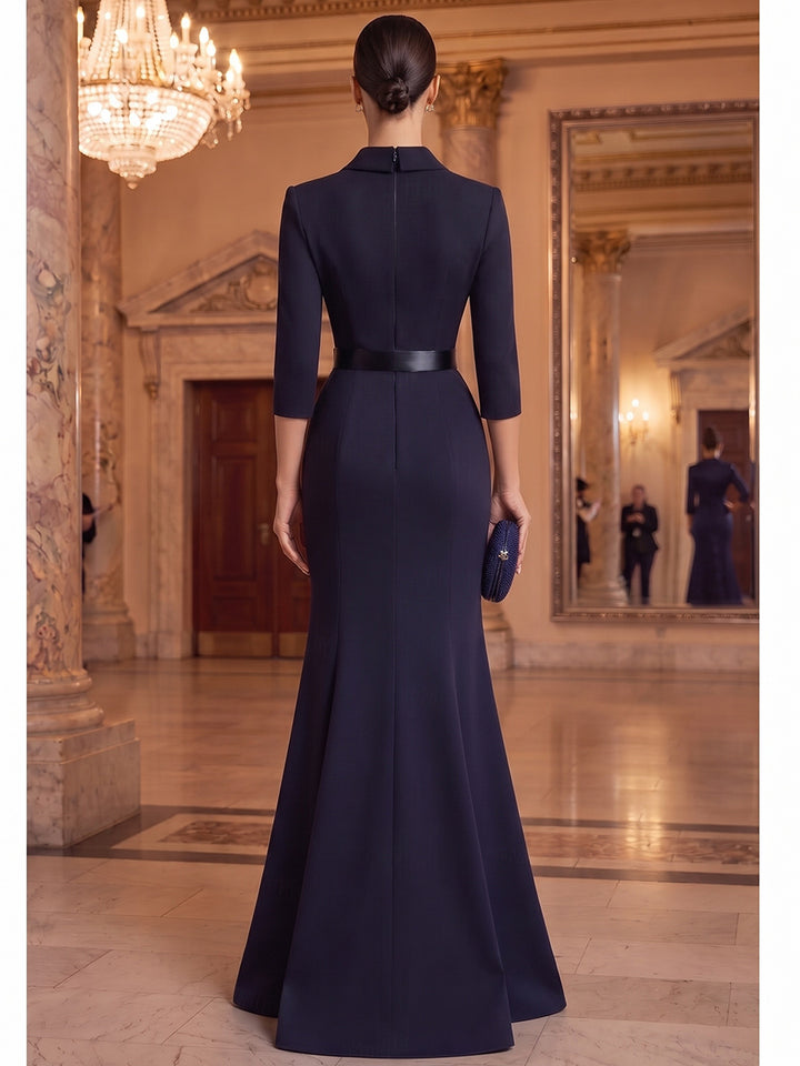 A-Line/Princess V-Neck 3/4 Sleeves Satin Floor-Length Evening Dresses with Belt&amp;Ruffles
