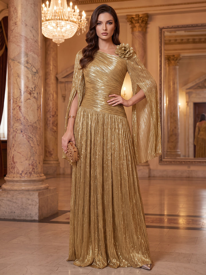 A-Line/Princess V-Neck Long Sleeves Metallic Floor-Length Evening Dresses with Pleats&amp;3D Flower