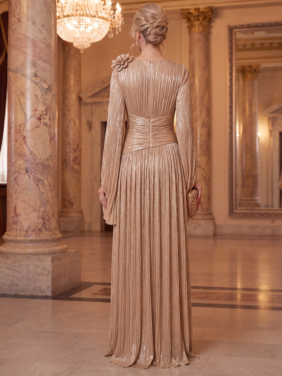 A-Line/Princess V-Neck Long Sleeves Metallic Floor-Length Evening Dresses with Pleats&amp;3D Flower