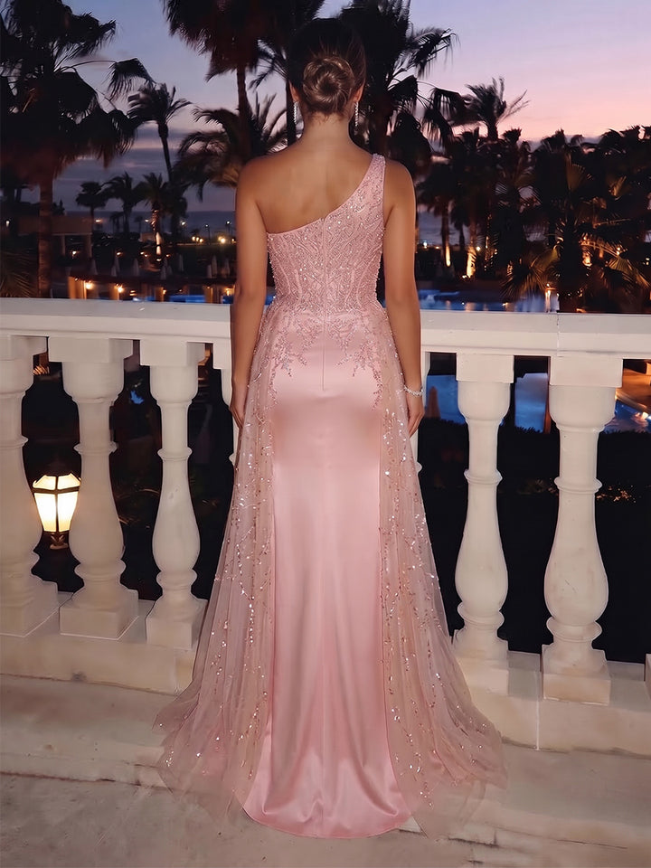 A-Line/Princess One-Shoulder Sleeveless Silk Satin Floor-Length Evening Dresses with Beading&amp;Embroidery