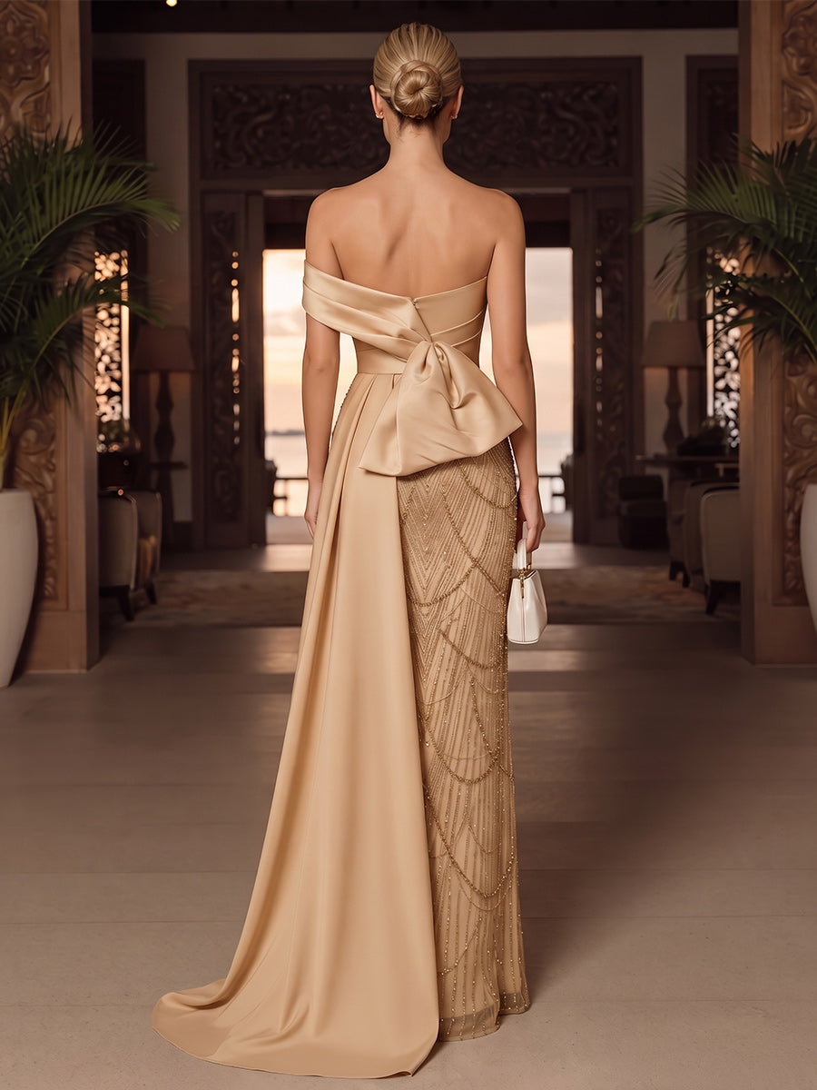Sheath/Column One-Shoulder Sleeveless Satin Sequin Floor-Length Evening Dresses with Beading
