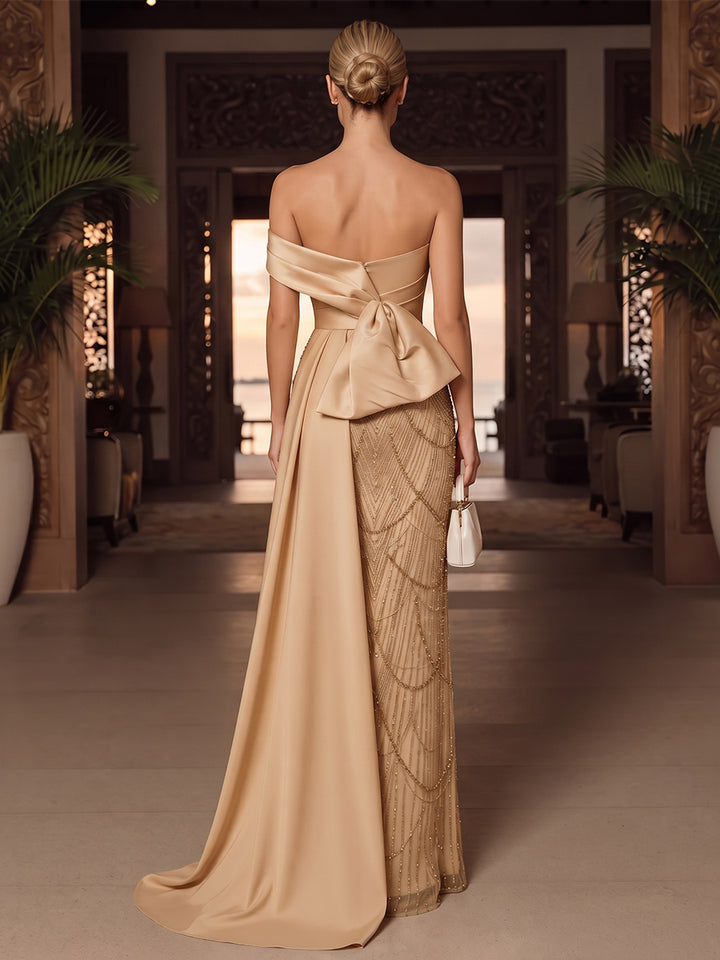 Sheath/Column One-Shoulder Sleeveless Satin Sequin Floor-Length Evening Dresses with Beading