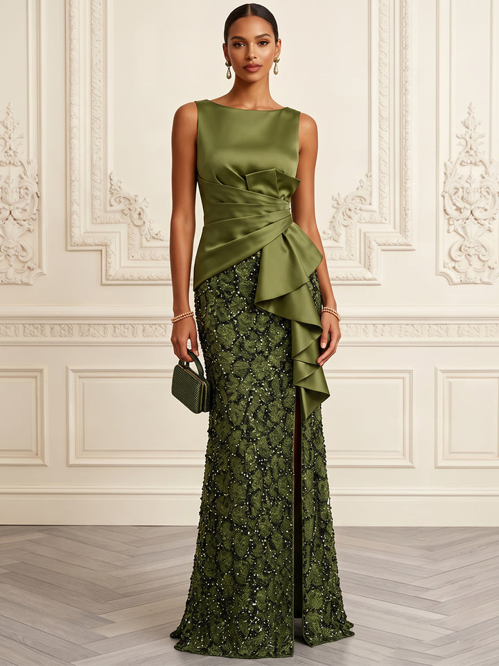 Sheath/Column Scoop Sleeveless Satin Sequin Floor-Length Evening Dresses with Ruched&amp;Ruffles