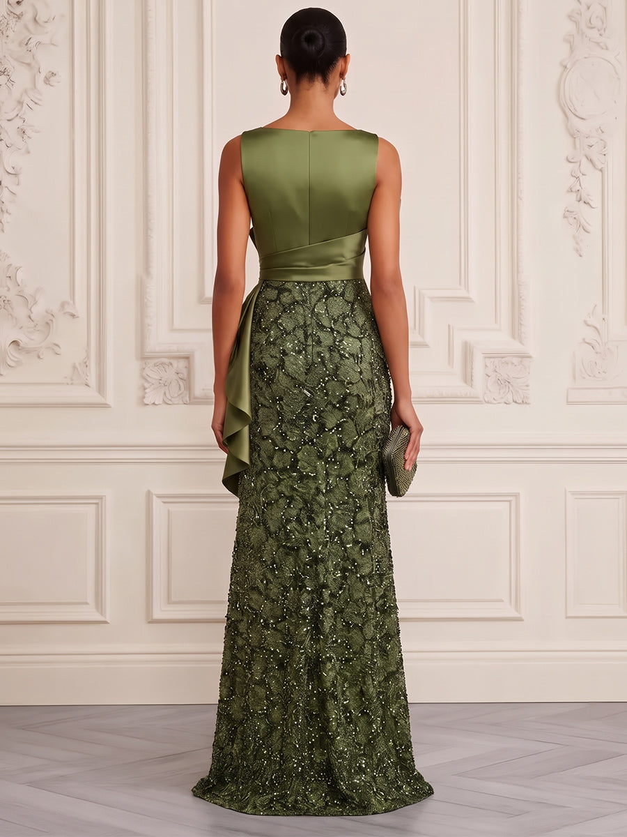 Sheath/Column Scoop Sleeveless Satin Sequin Floor-Length Evening Dresses with Ruched&amp;Ruffles