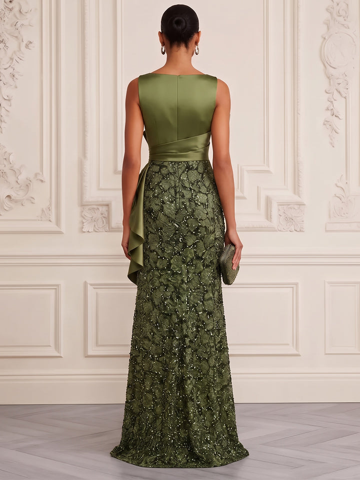 Sheath/Column Scoop Sleeveless Satin Sequin Floor-Length Evening Dresses with Ruched&amp;Ruffles