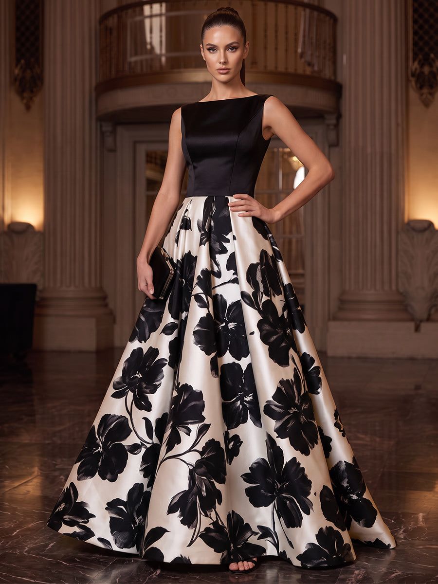 A-Line/Princess Boat Neck Sleeveless Satin Floor-Length Evening Dresses with Floral Printed