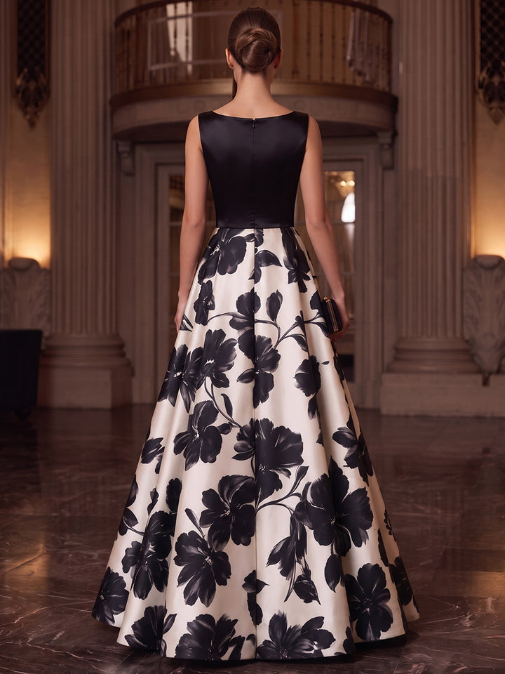 A-Line/Princess Boat Neck Sleeveless Satin Floor-Length Evening Dresses with Floral Printed