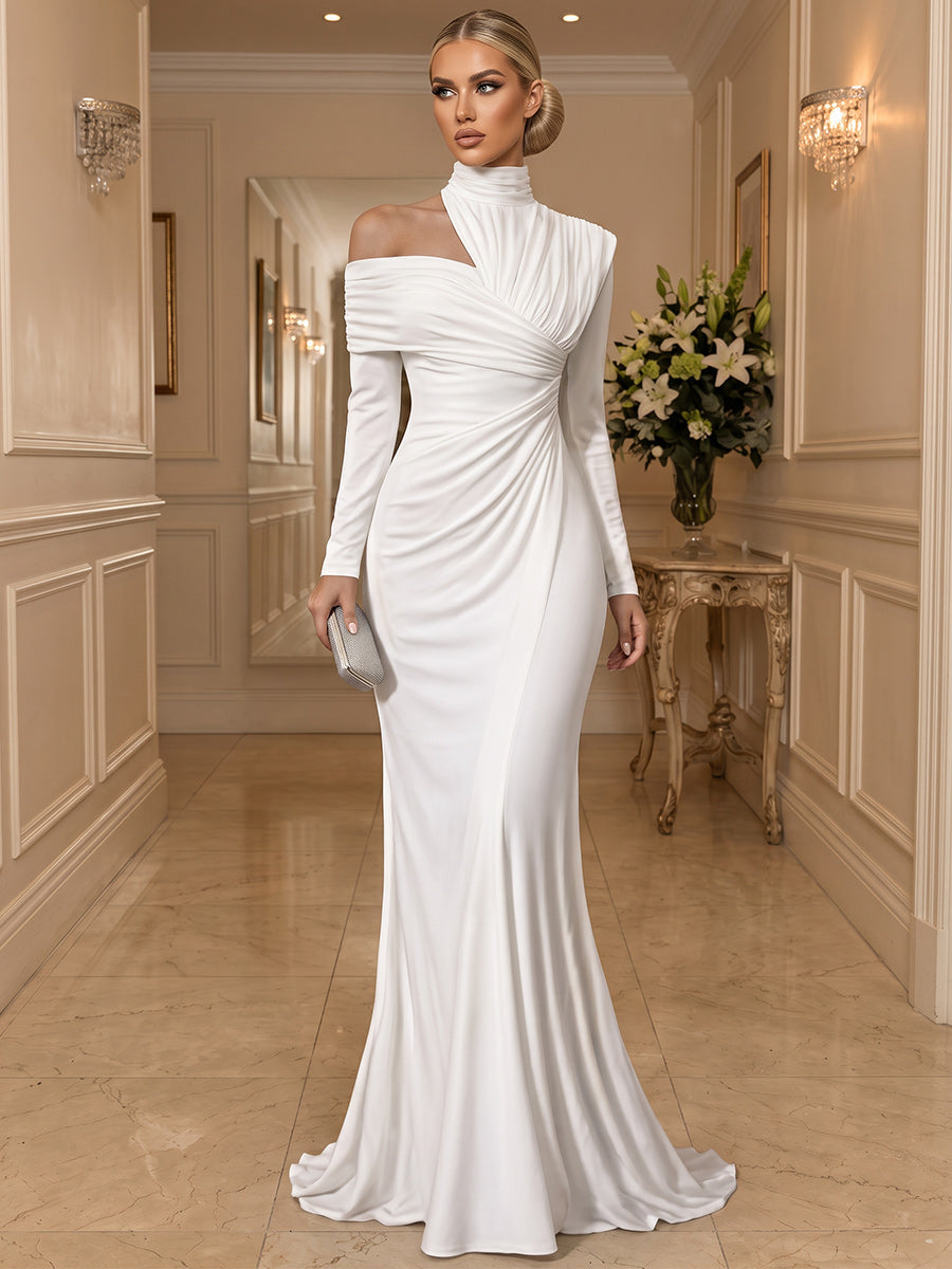Sheath/Column One-Shoulder Long Sleeves Satin Floor-Length Evening Dresses with Pleats