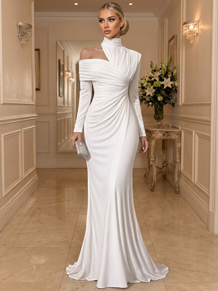 Sheath/Column One-Shoulder Long Sleeves Satin Floor-Length Evening Dresses with Pleats