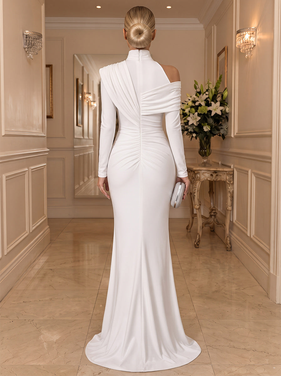 Sheath/Column One-Shoulder Long Sleeves Satin Floor-Length Evening Dresses with Pleats