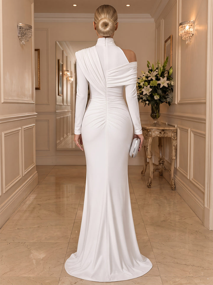 Sheath/Column One-Shoulder Long Sleeves Satin Floor-Length Evening Dresses with Pleats