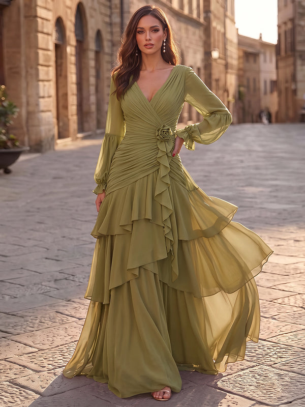 A-Line/Princess V-Neck Long Sleeves Chiffon Floor-Length Evening Dresses with 3D Flower&Ruffles