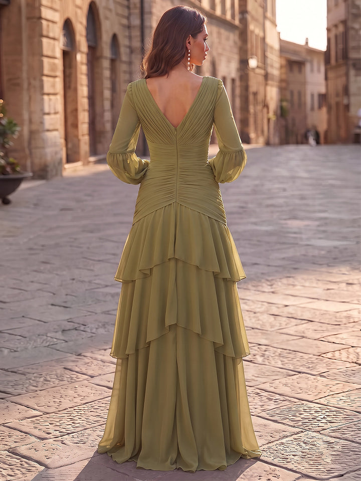 A-Line/Princess V-Neck Long Sleeves Chiffon Floor-Length Evening Dresses with 3D Flower&amp;Ruffles