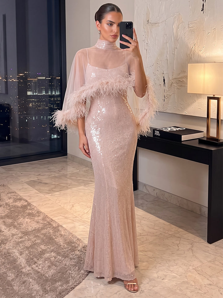 Sheath/Column High Neck Cap Sleeves Sequin Floor-Length Evening Dresses with Feather