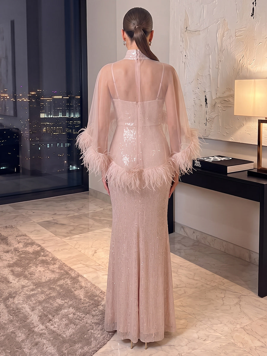 Sheath/Column High Neck Cap Sleeves Sequin Floor-Length Evening Dresses with Feather