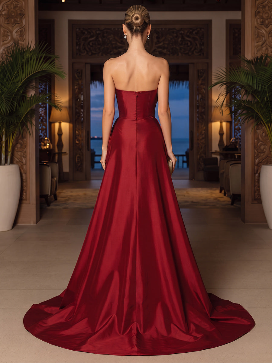 A-Line/Princess Strapless Sleeveless Satin Floor-Length Evening Dresses with Ruched