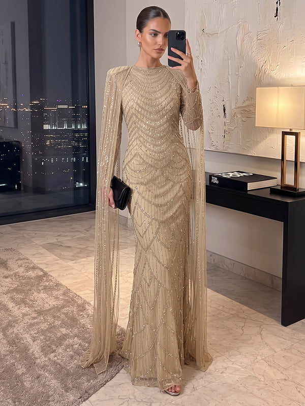 Sheath/Column High Neck Cap Sleeves Sequin Floor-Length Evening Dresses with Beading