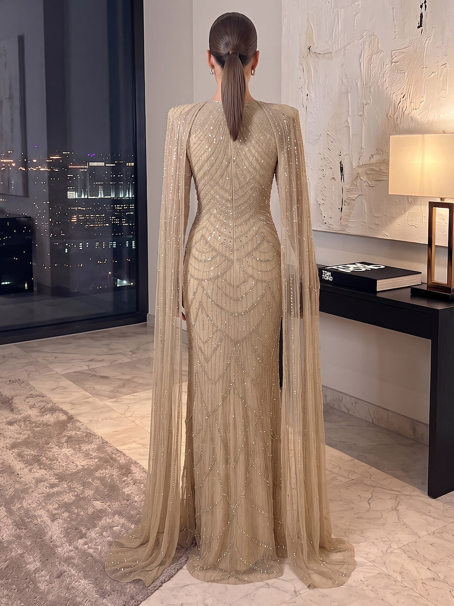 Sheath/Column High Neck Cap Sleeves Sequin Floor-Length Evening Dresses with Beading
