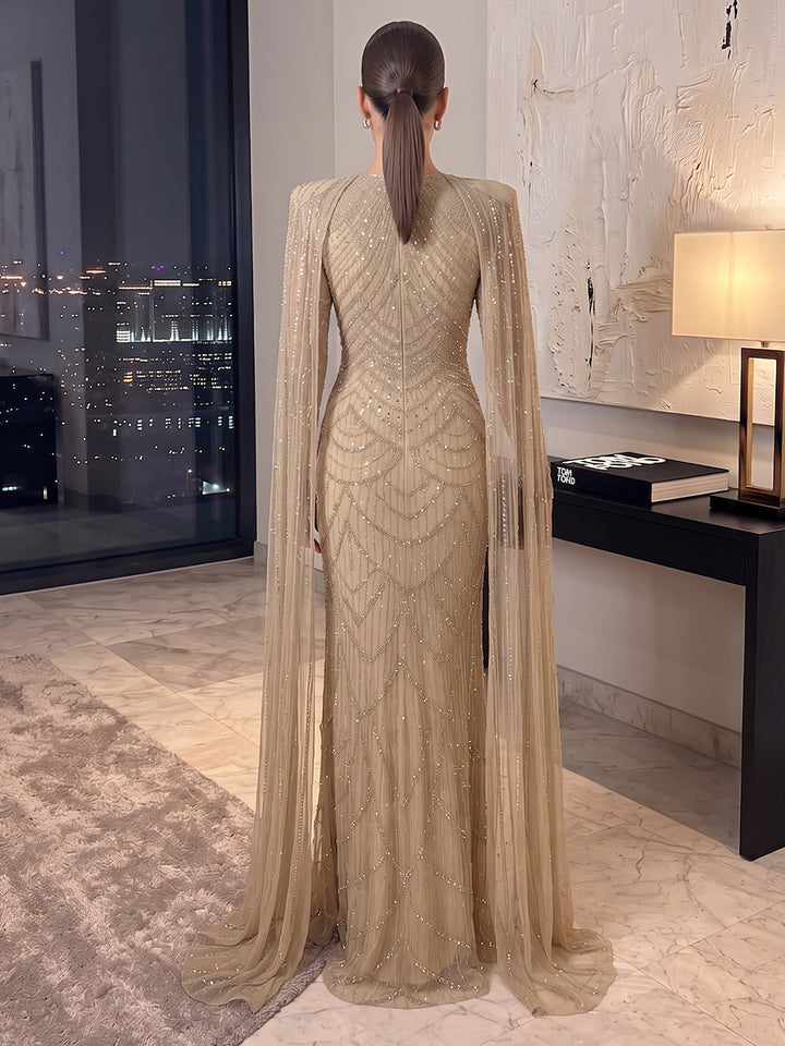 Sheath/Column High Neck Cap Sleeves Sequin Floor-Length Evening Dresses with Beading