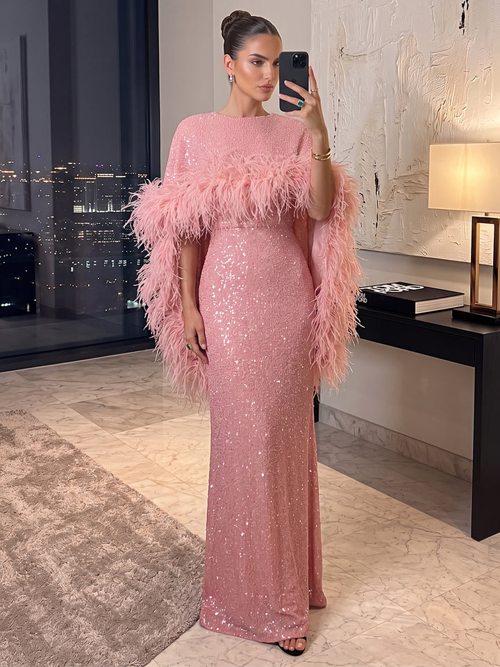 Sheath/Column Scoop Cap Sleeves Sequin Floor-Length Evening Dresses with Feather