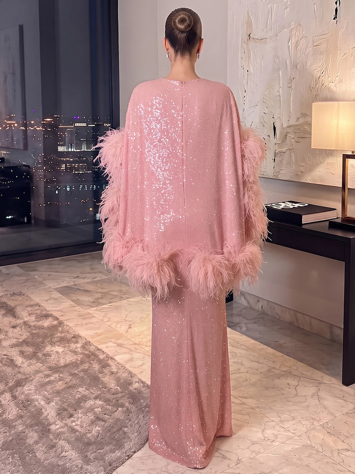 Sheath/Column Scoop Cap Sleeves Sequin Floor-Length Evening Dresses with Feather
