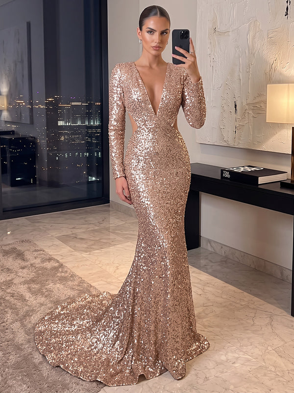 Trumpet/Mermaid V-Neck Long Sleeves Sequin Floor-Length Evening Dresses with Cut Out