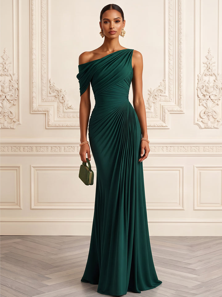 Sheath/Column One-Shoulder Sleeveless Chiffon Floor-Length Evening Dresses with Pleats