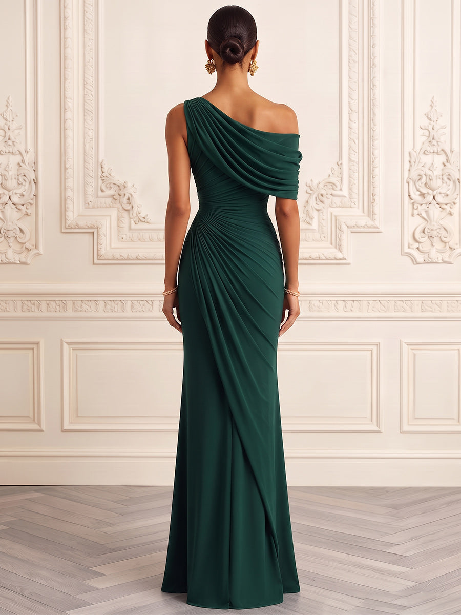 Sheath/Column One-Shoulder Sleeveless Chiffon Floor-Length Evening Dresses with Pleats