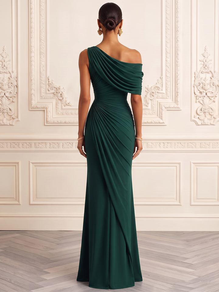 Sheath/Column One-Shoulder Sleeveless Chiffon Floor-Length Evening Dresses with Pleats