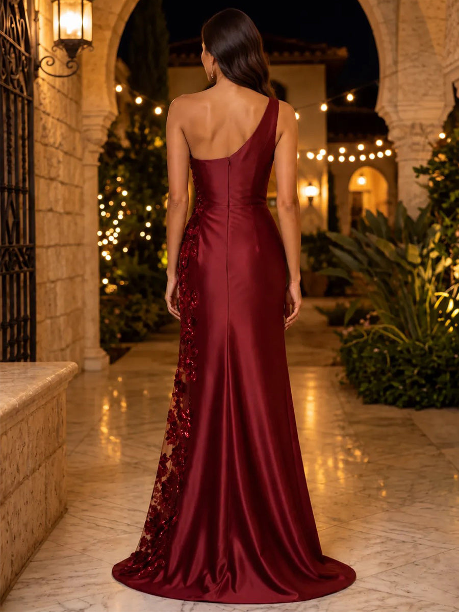 Sheath/Column One-Shoulder Sleeveless Satin Floor-Length Evening Dresses with 3D Flower&amp;Sequins