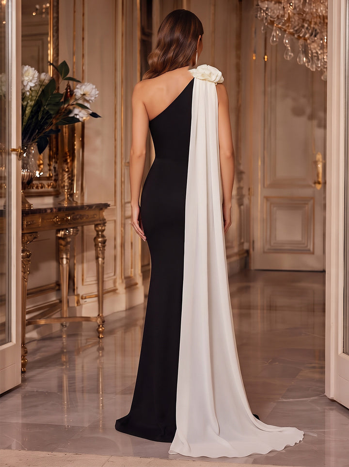 Sheath/Column Formal Attire One-Shoulder Sleeveless Satin Chiffon Floor-Length Evening Dresses with 3D Flower